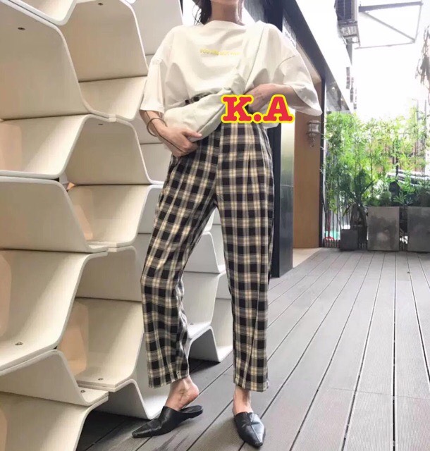 Quần ống rộng kẻ nhiều màu