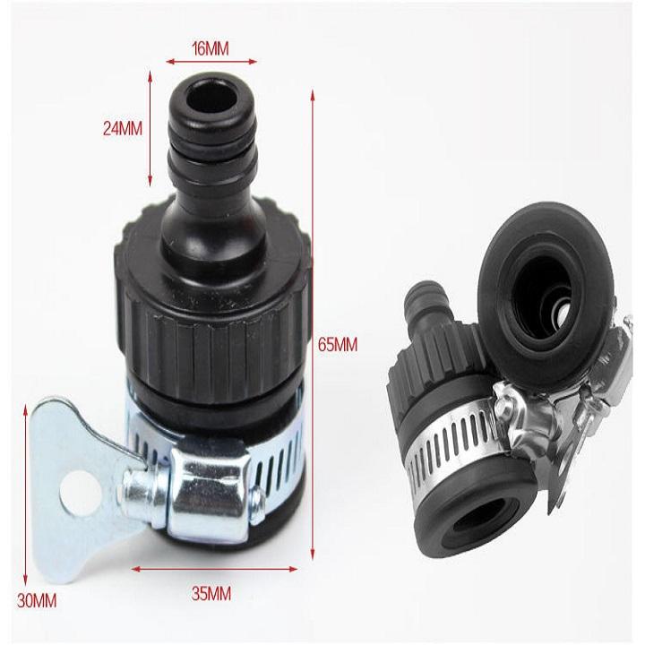 ĐẦU NỐI TẠI VÒI NƯỚC. CÓ ĐẦU VÀO GẮN VÒI NƯỚC PHI 16mm RA KHỚP NỐI, KHÓA CỔ DÊ SẮT KHÔNG BỊ XÌ NƯỚC. TH391