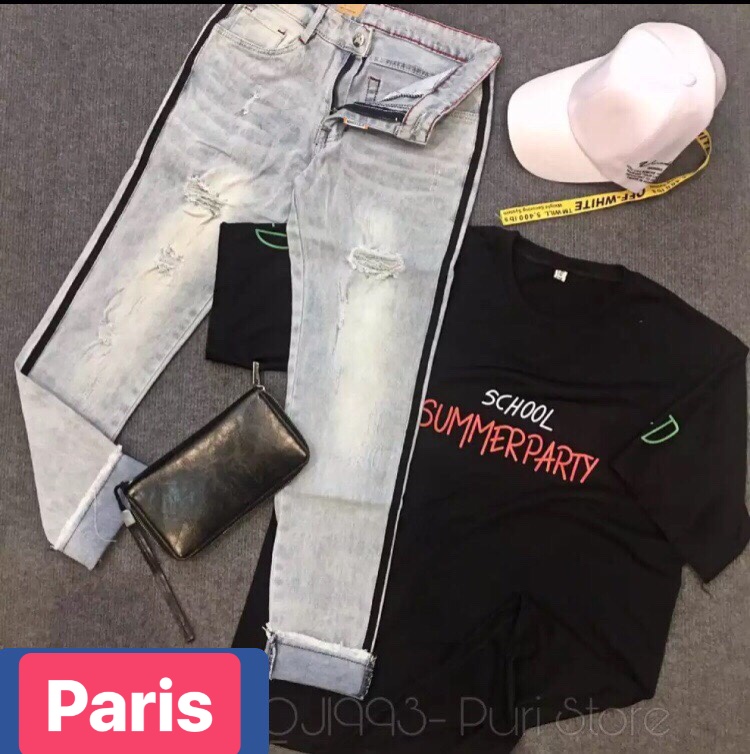 QUẦN BAGGY JEAN NAM CHẤT BÒ XANH TRẮNG 2 SỌC HOT TREND NHẬT BẢN HOA ĐÀO DB-1993 - PARIS FASHION