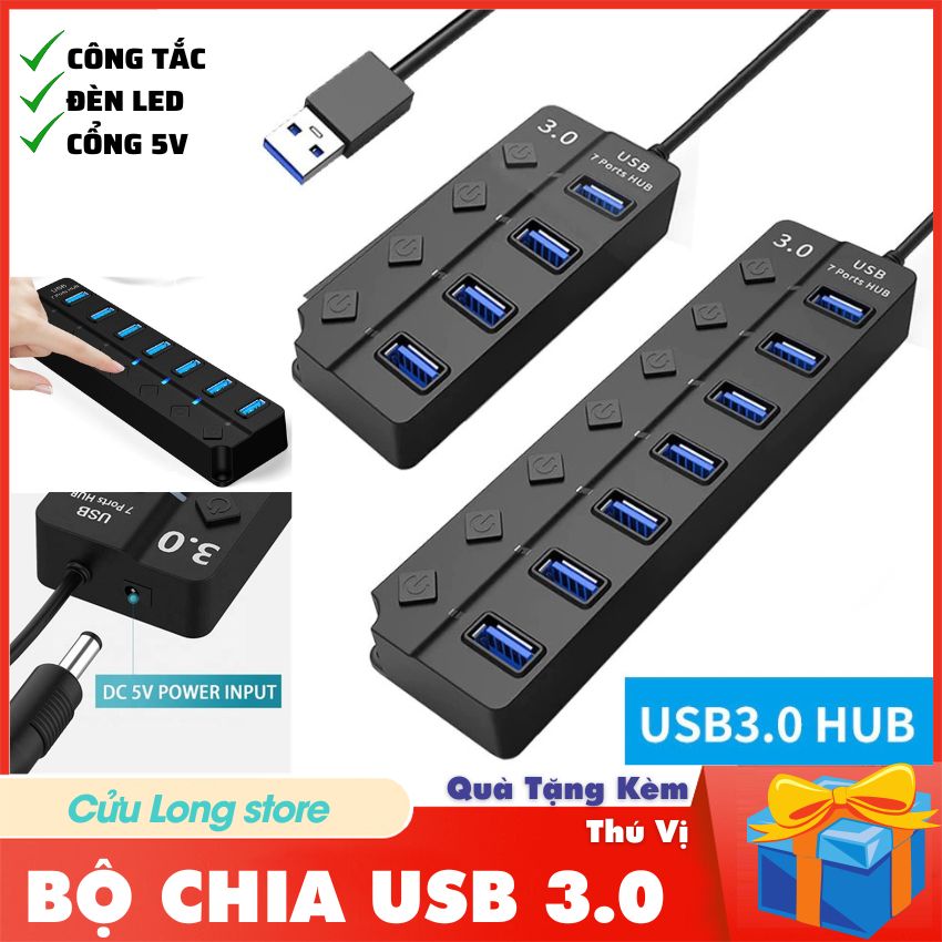 Bộ Chia Cổng USB OTG Hub USB 3.0 cổng USB mở rộng đầu chia USB 1 ra 4 và 7 dây dài cổng công tắc nguồn phụ đèn Led