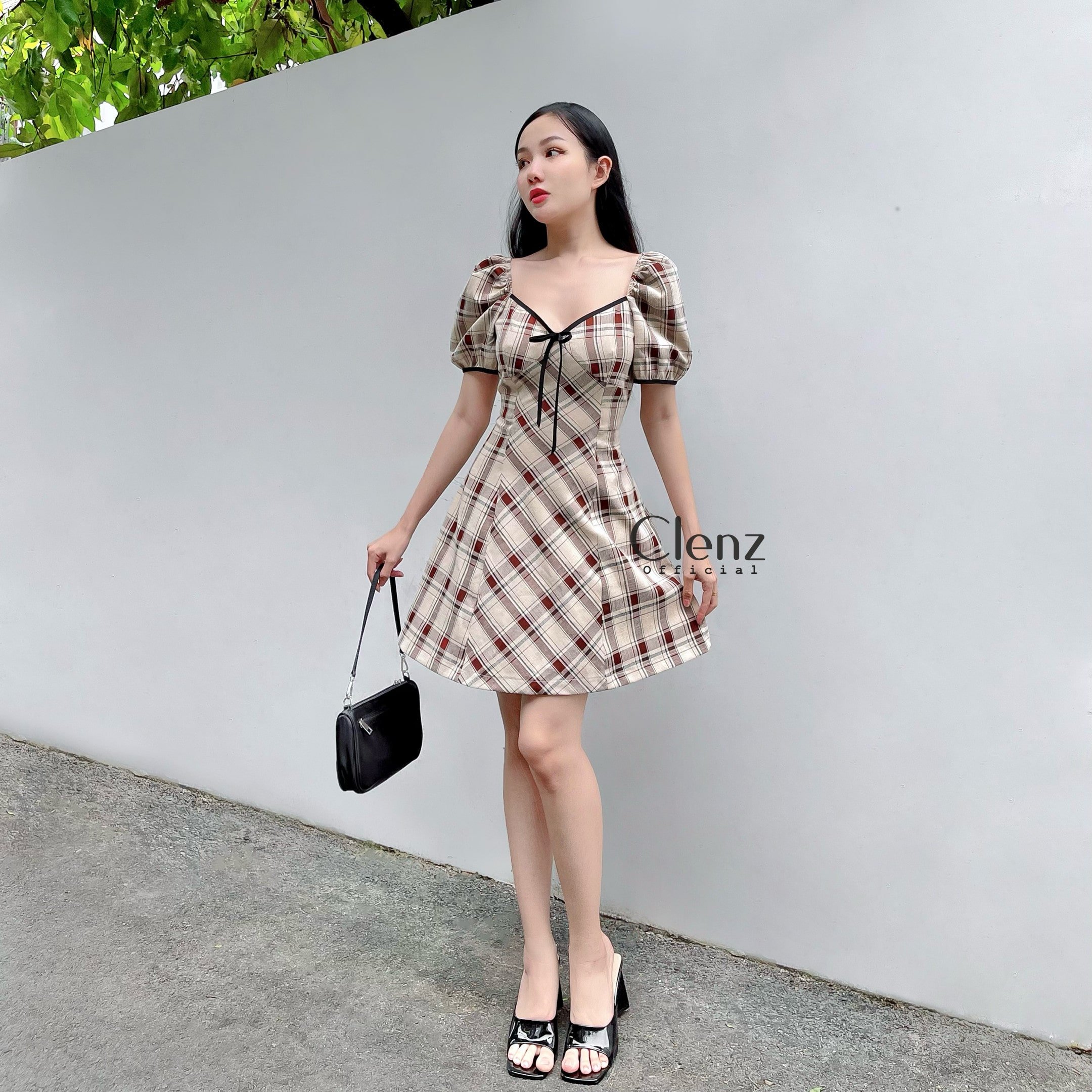 [ Clenz - Váy thiết kế cao cấp ] Đầm caro tay bồng dạo phố D10