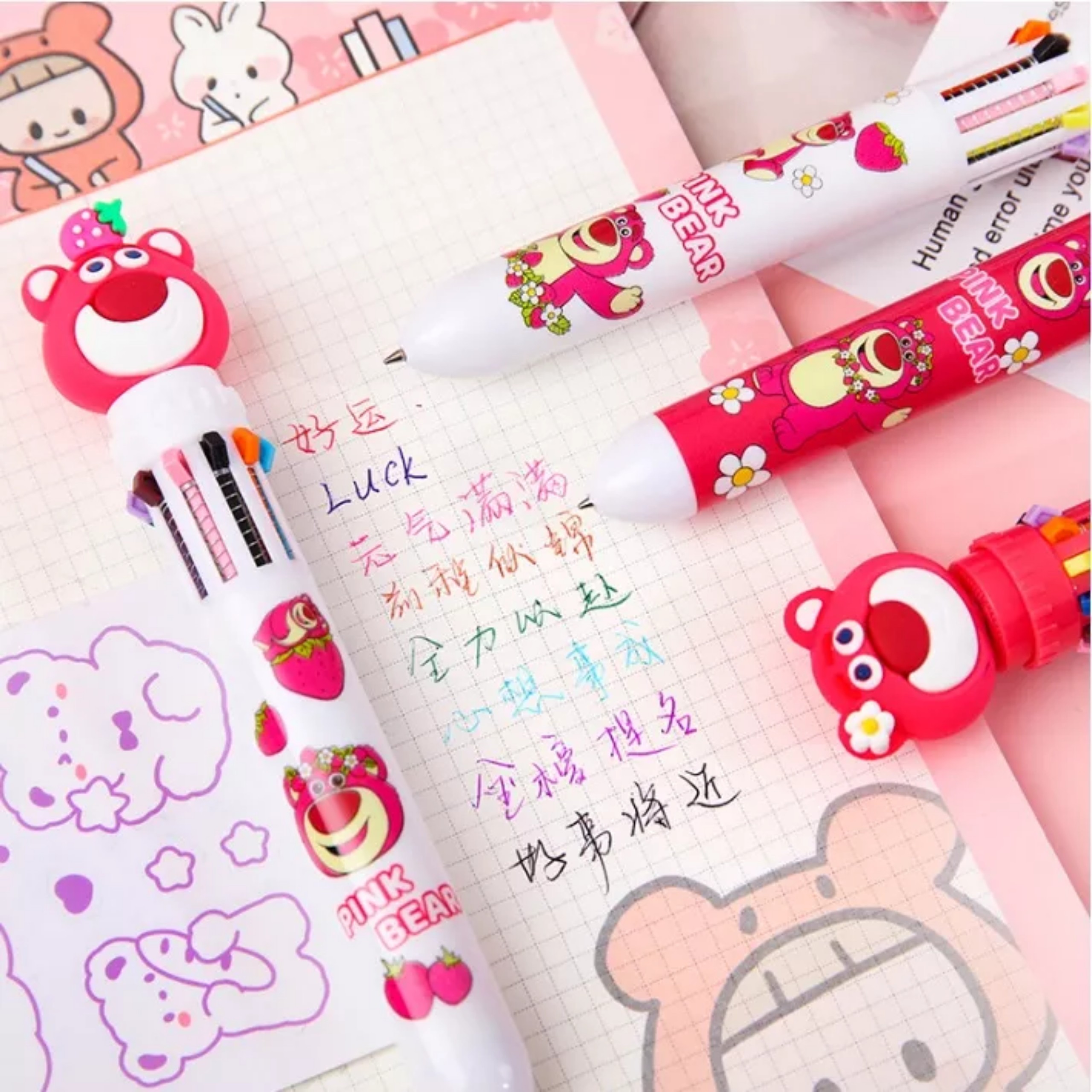 Bút Bi Bấm Hình Gấu Dâu 10 Màu