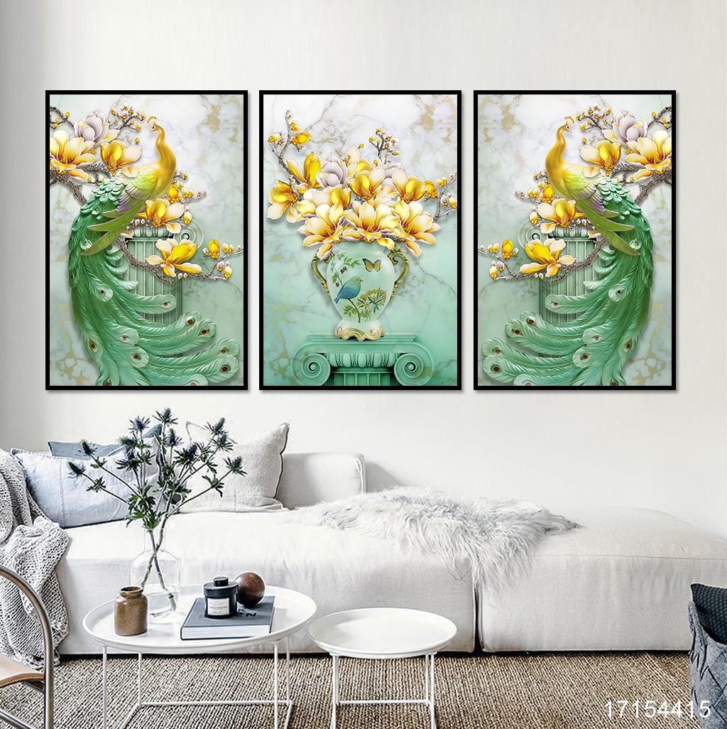 Tranh dán tường phòng khách chim công xanh 3D giả ngọc, tranh phong thủy tài lộc