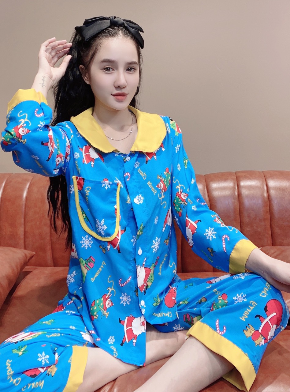 Đồ Ngủ Pizama tay dài cổ tròn họa tiết dễ thương , Set đồ bộ Cao Cấp Vải lụa hàn họa tiết xinh from dưới 57 kí