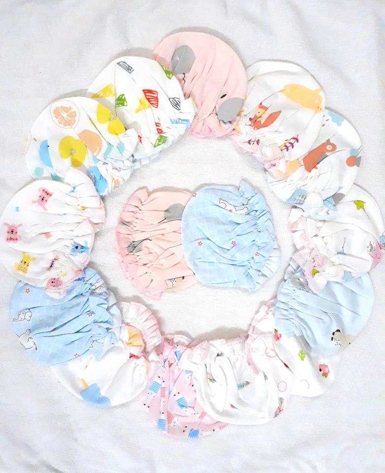 Set 2 Mũ vải cotton nhún bèo cho bé gái từ 0-3 tháng. Nón sơ sinh.