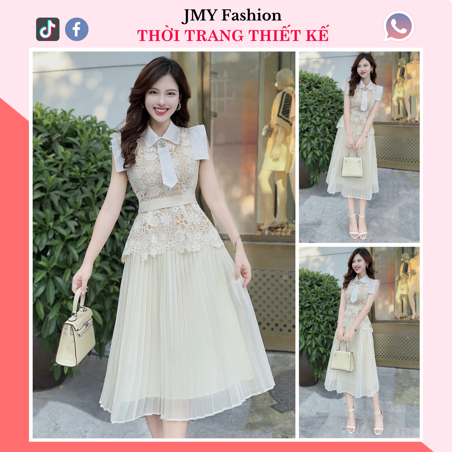 V336 Váy ren sơ mi tiểu thư nữ tính váy dự tiệc dáng xòe xếp ly sang chảnh