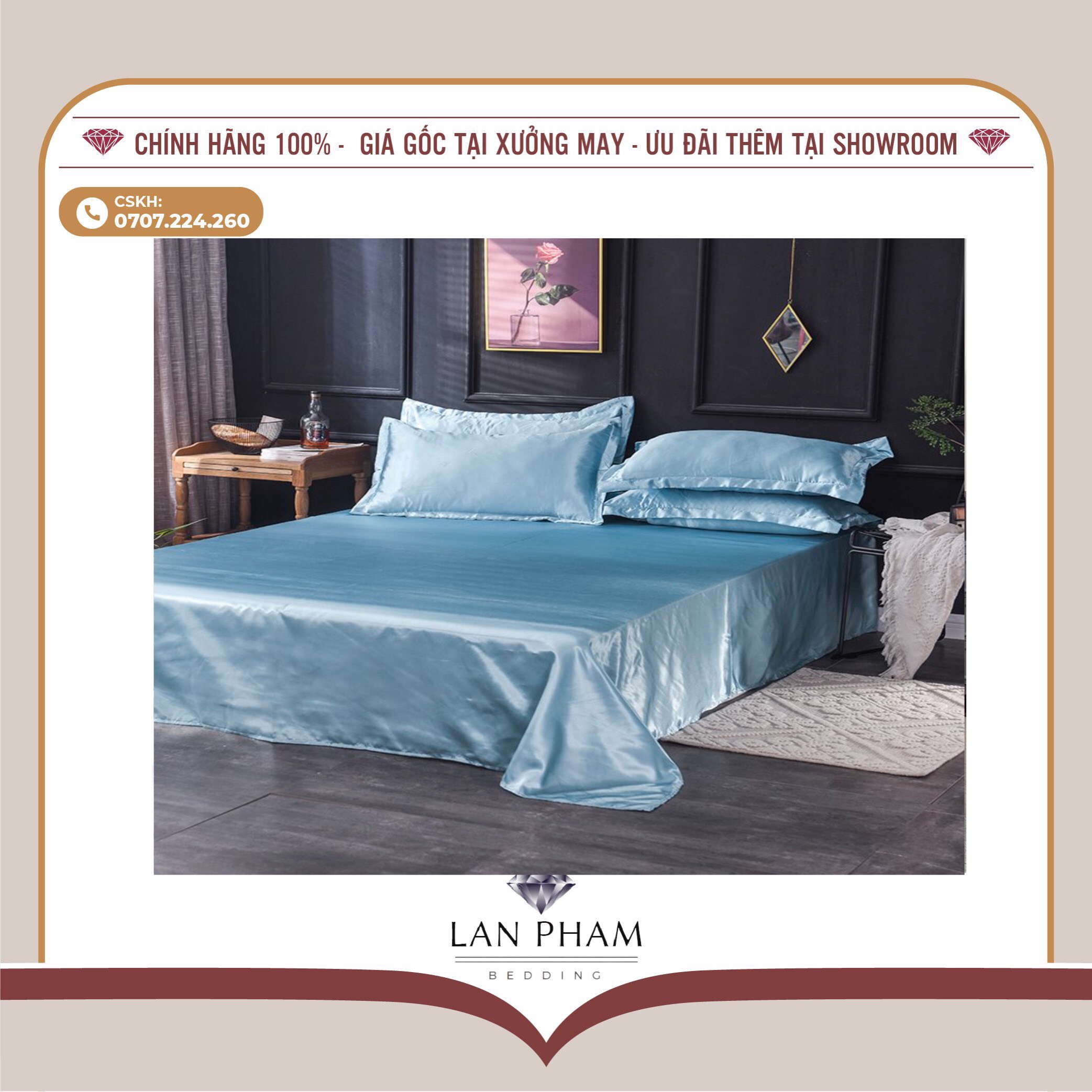 BỘ GA GIƯỜNG DRAP GỐI PHI LỤA MÀU XANH DA TRỜI CAO CẤP LAN BEDDING