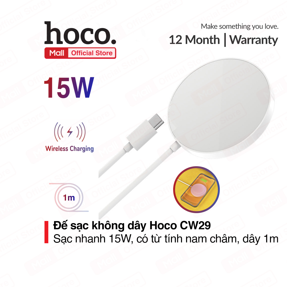 Đế sạc không dây Hoco CW29 sạc nhanh 15W, hỗ trợ sạc cho nhiều thiết bị có tính năng không dây, có từ tình nam châm, dây dài 1m