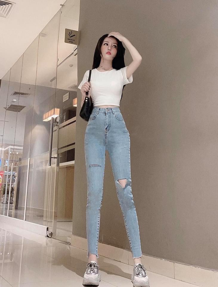Quần jean nữ lưng cao rách xẻ gối phối rách lai 1 bên mẫu mới  11