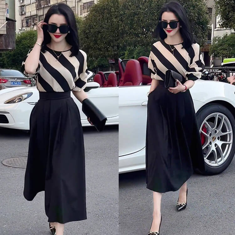 Bộ áo sọc xéo chân váy xòe