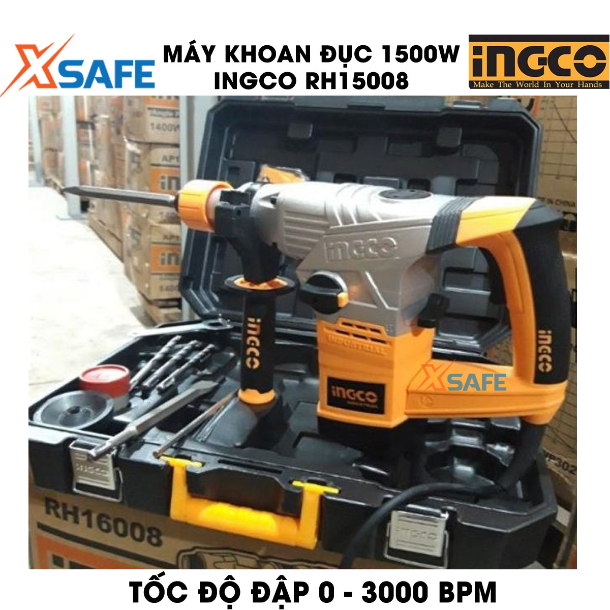Machine drill chisel 1500W INGCO RH15008 attached 3 drill bit Tuck and 2 tip chisel. Machine drill chisel hand have no-load speed 750 within minutes, speed beating 3000 BPM, force beating 5J, genuine warranty 6 months-product genuine XSAFE