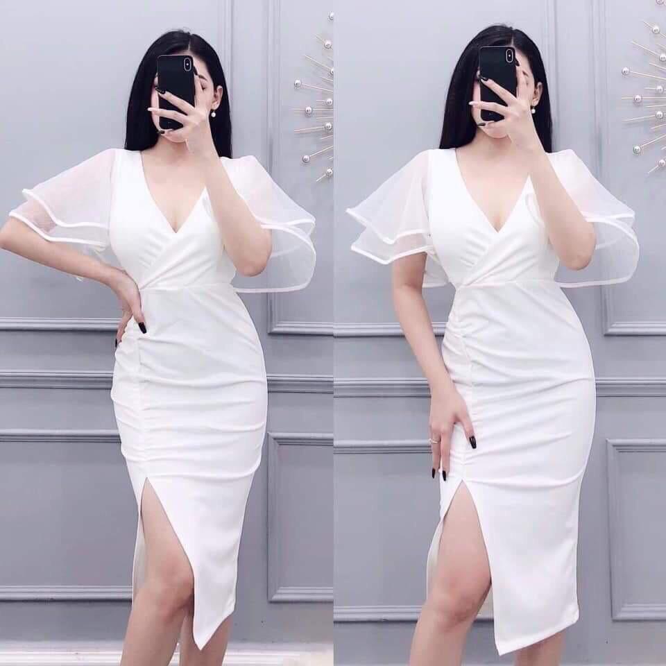 Đầm body xoắn eo có mút,chất cát hàn phối lưới-QH