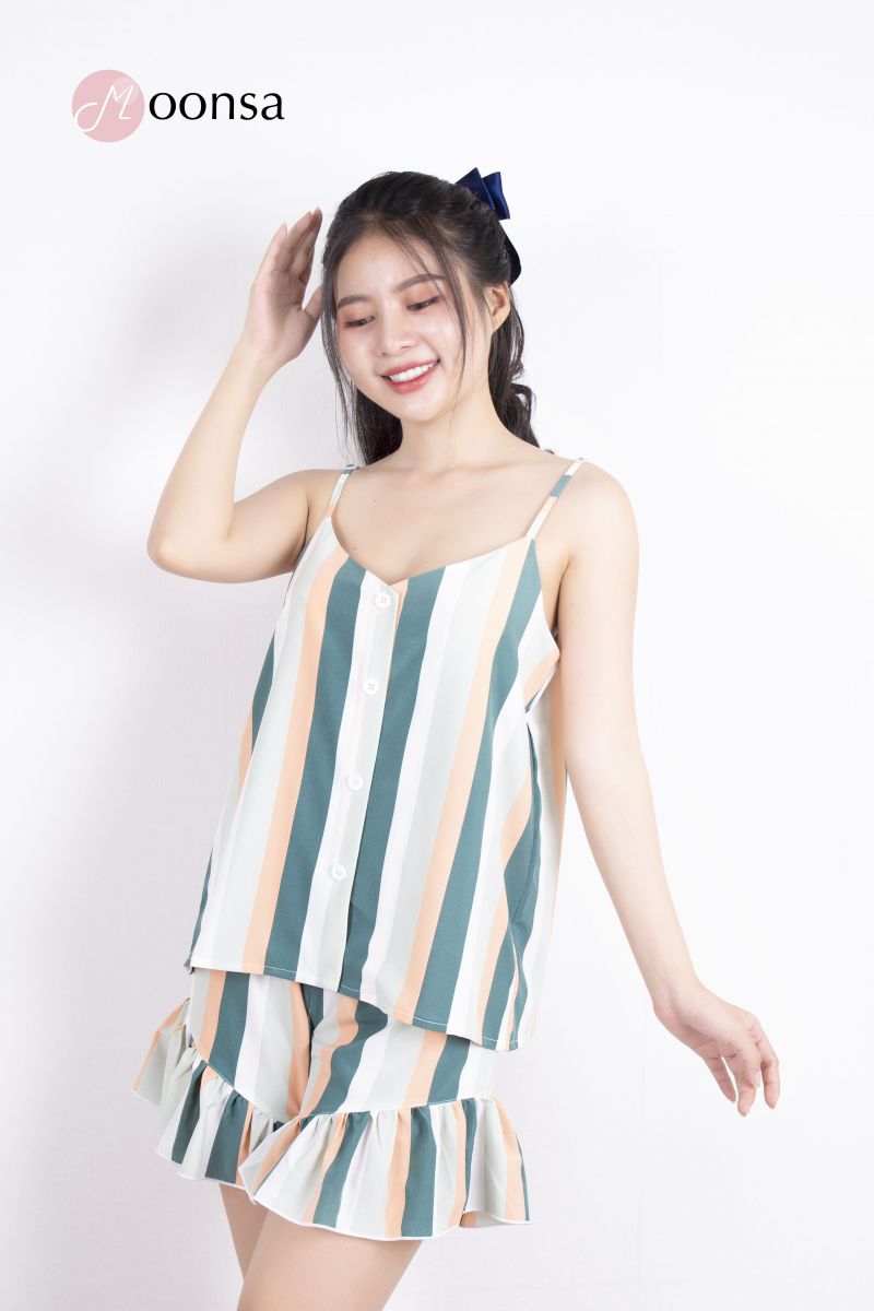 Bộ Đồ Ngủ Lụa Kẻ Sọc Bèo Nhún [Moonsa]