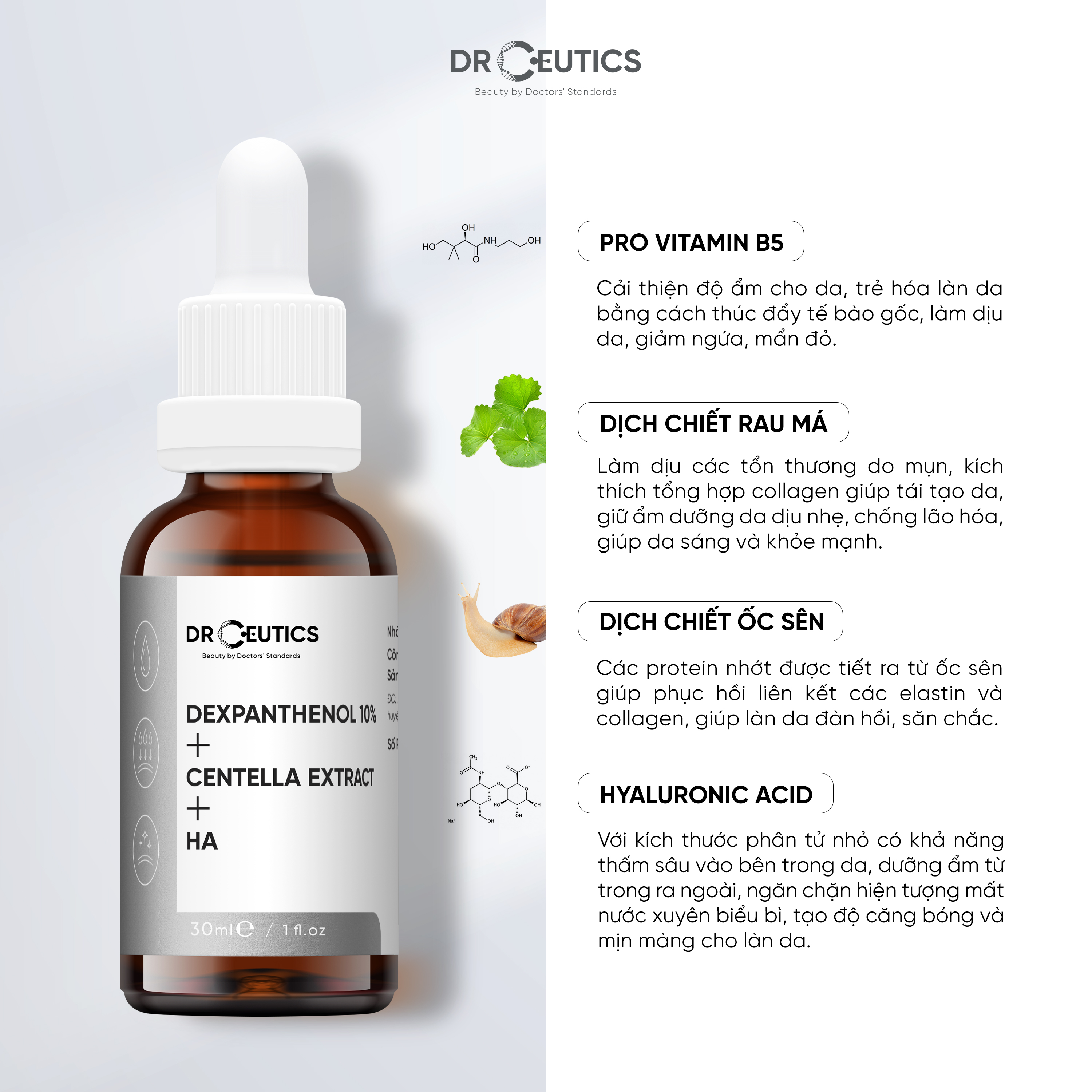 Serum B5 DrCeutics Dexpanthenol 10% + Centella Extract + HA, Cấp Ẩm Và Phục Hồi Da