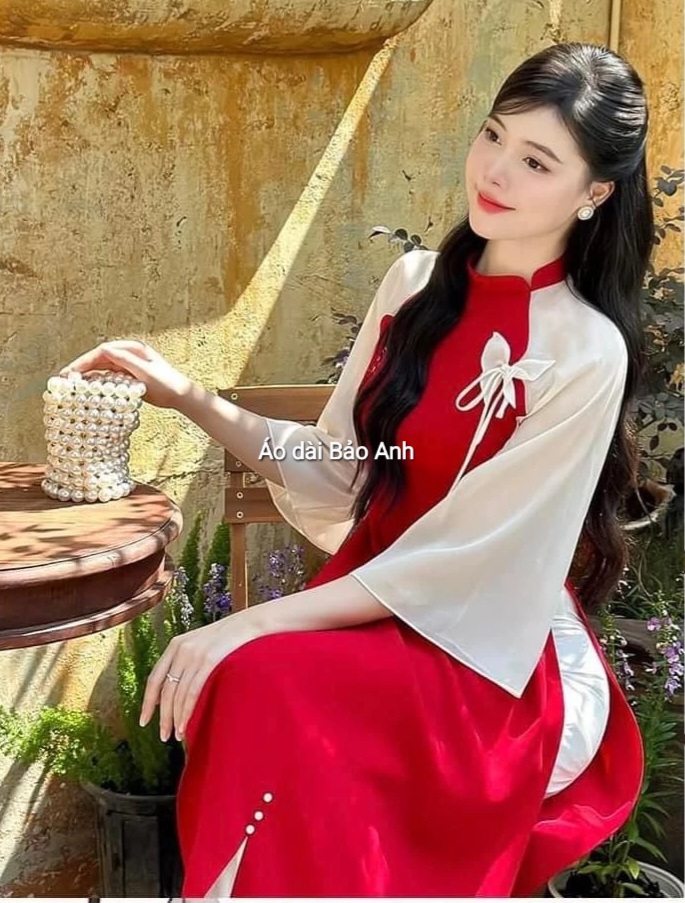 Áo dài cách tân vải lụa đỏ phối tay tơ loe - Áo dài tết -Áo dài bảo Anh