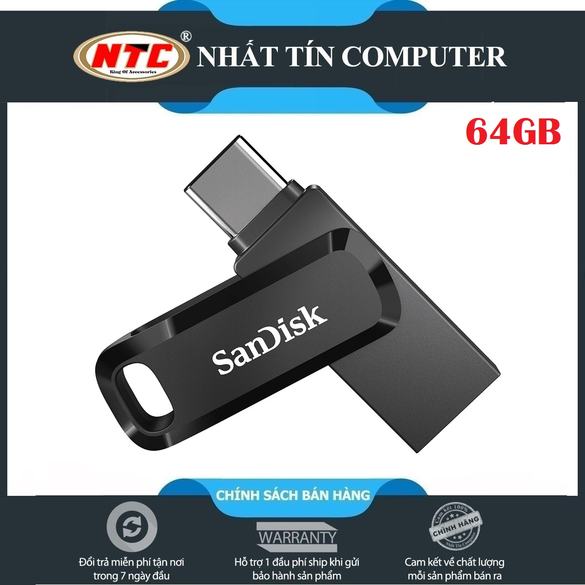 USB OTG Sandisk Ultra Dual Drive Go USB Type-C 3.1 64GB 150MB/s, vỏ nhựa chống nhiễm điện (Đen) - Nhất Tín Computer