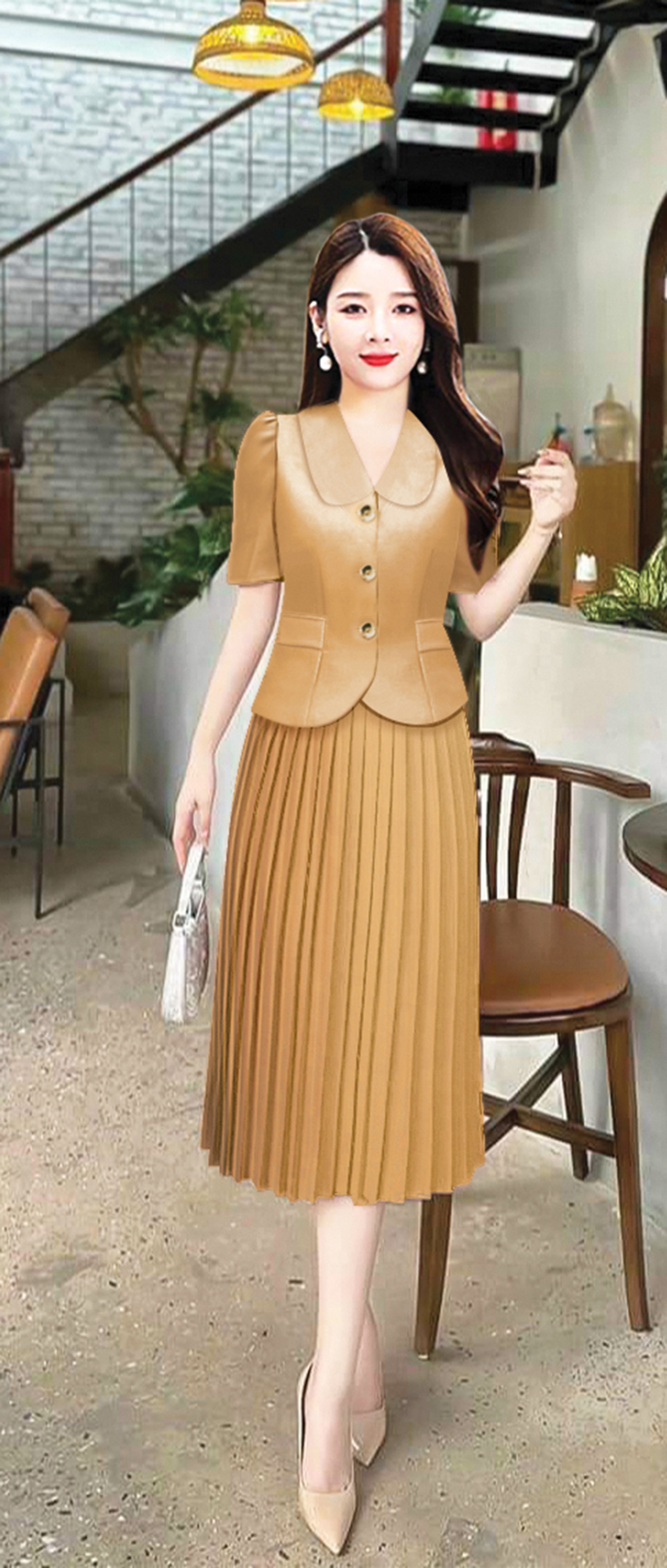 [HCM]SET CỔ VEST NÚT BỌC CHÂN VÁY DẬP LY