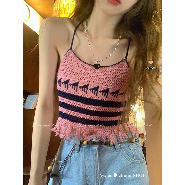 Áo kiểu nữ cổ yếm đan móc hoạ tiết tua rua croptop P646
