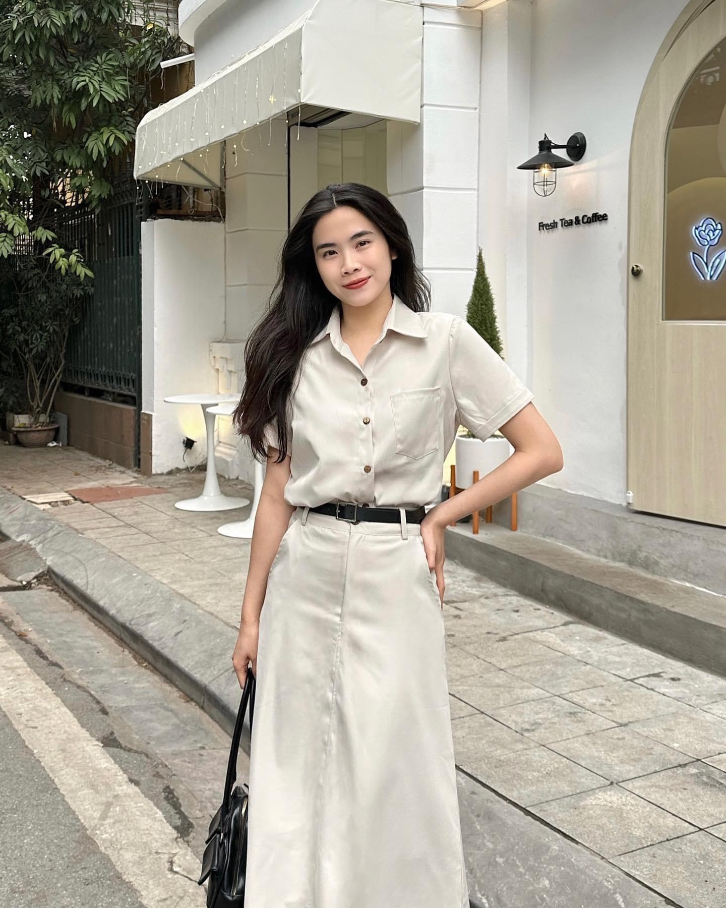 Sét áo sơ mi và chân váy chất ka ki thô mềm kèm đai - 247StoreFashion - shetkemdai036