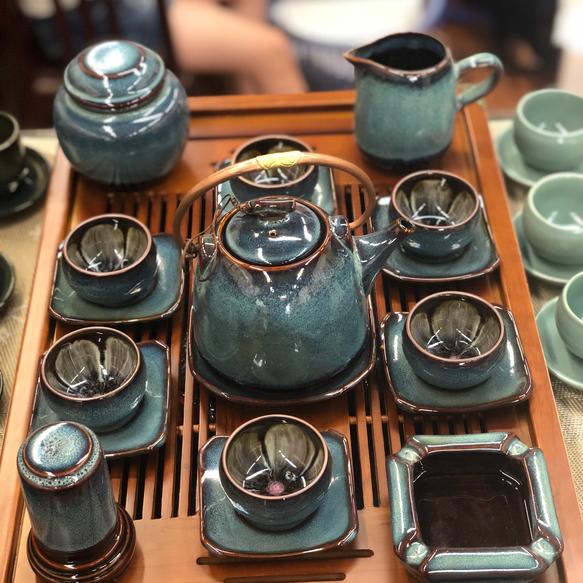 Bộ ấm chén hoả biến men xanh gốm Bát Tràng