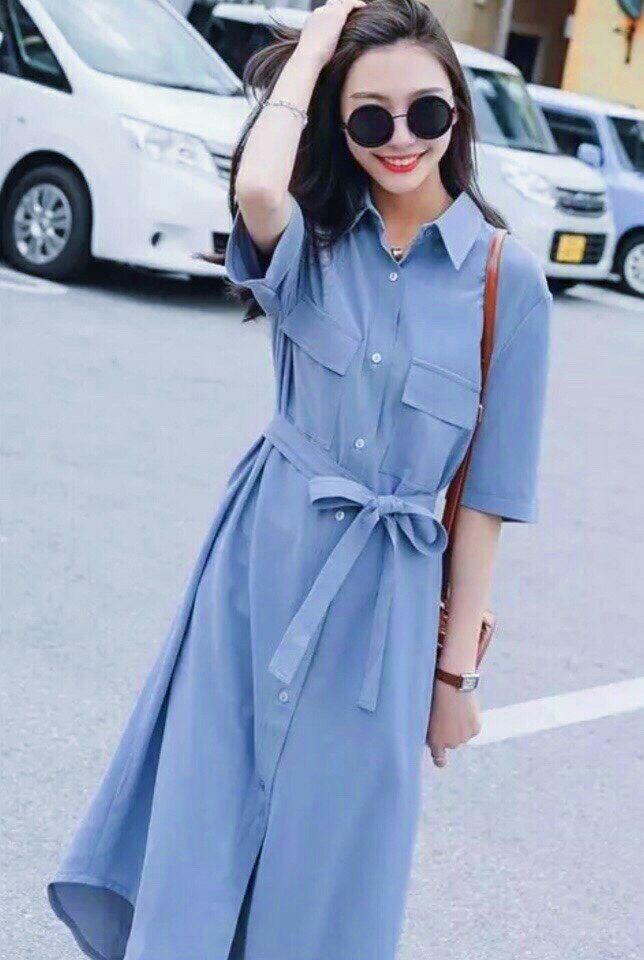 Đầm sơ mi xanh đậm túi hộp ( kèm ảnh thật)