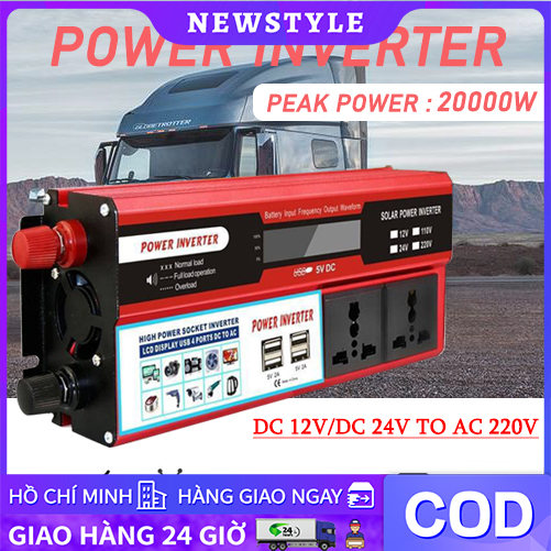 Biến tần nguồn ô tô 6000w, bộ chuyển đổi di động để sửa đổi ô tô, bộ chuyển đổi điện áp dc 24v sang ac 220v, với 4 usb, 2 ổ cắm đầu ra đa năng, công cụ trang trí sửa đổi sóng hình sin