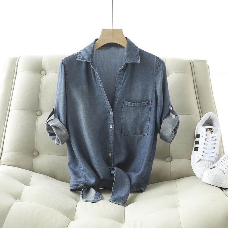 Áo sơ mi denim tencel áo sơ mi nữ amoi mỏng dáng ngắn thắt nút tay áo bảy phần tư khăn choàng denim nhỏ dễ phối