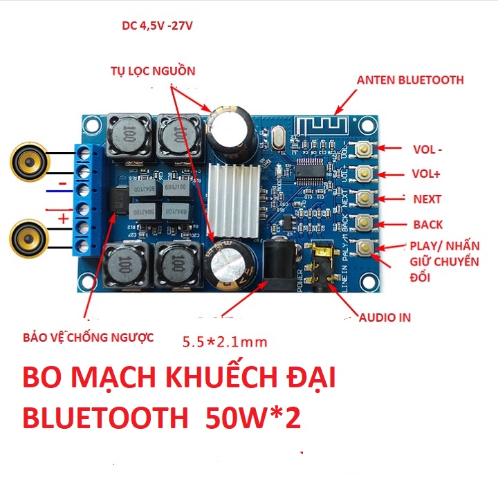 Bo mạch khuếch đại âm thanh Bluetooth 50W * 2 có vỏ