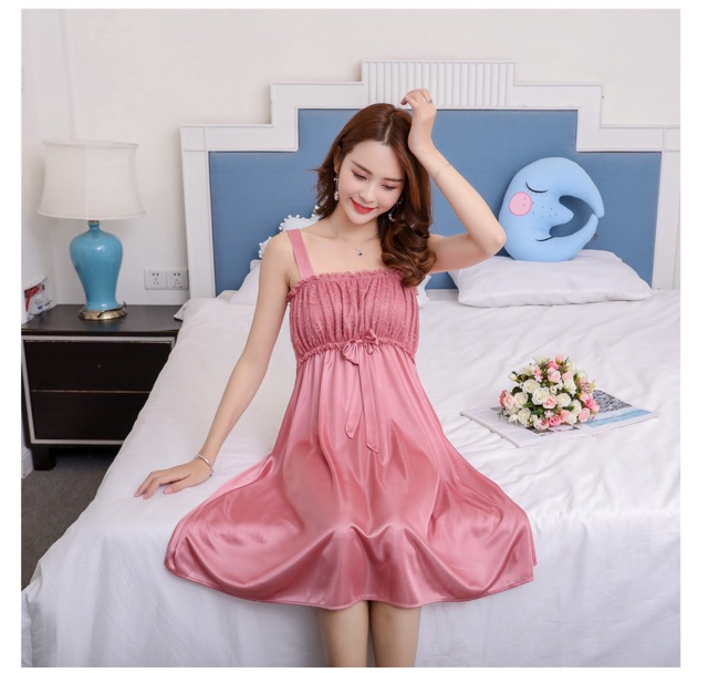 Váy ngủ chất lụa phi bóng kiểu 2 dây siêu quyến rũ (Freesize dưới 60kg) (Hồng) - V35 - Vinhshopp