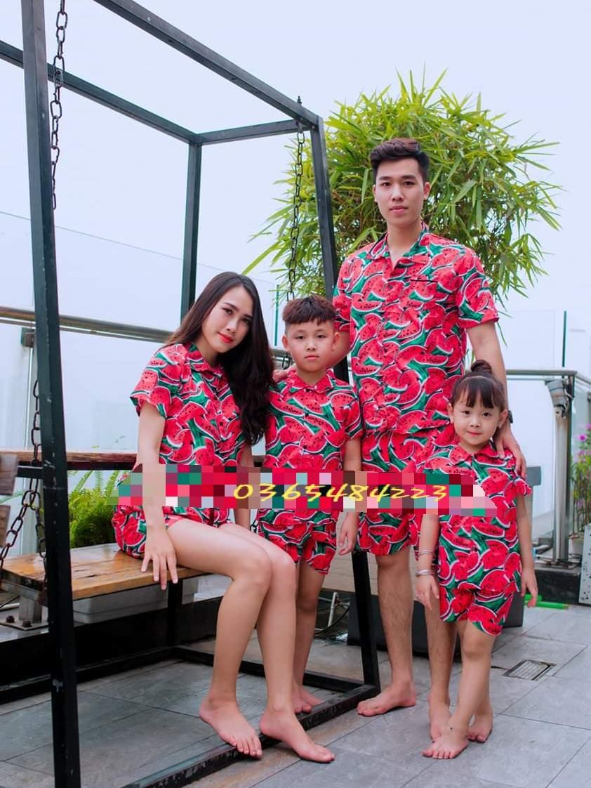 [FreeshipMAX] BỘ ĐI BIỂN DƯA HẤU ĐỎ CHO GIA ĐÌNH, VẢI KATE THÁI LOẠI 1 (Hình + video thật)