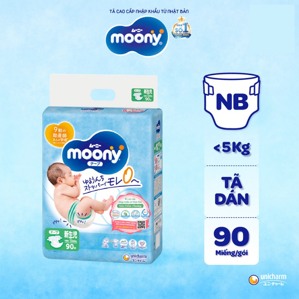 Tã Dán Sơ Sinh Moony Cao Cấp Size NB (<5KG) (Xanh) Gói 90 Miếng