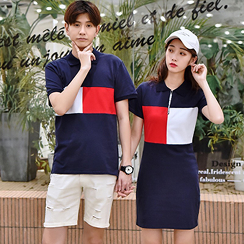 Đầm thun đôi xanh viền trắng đỏ