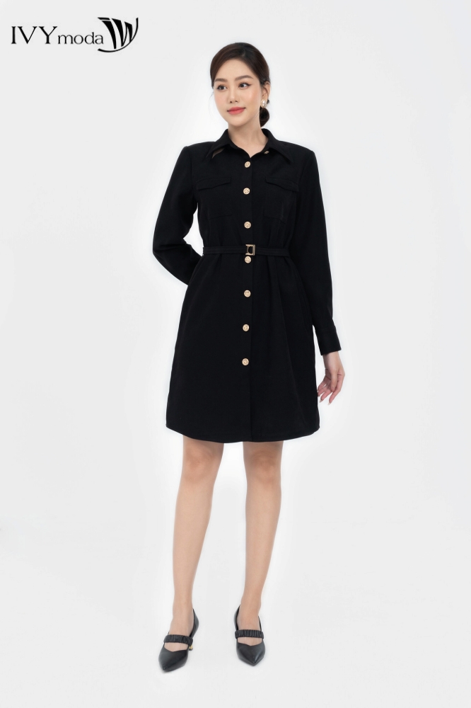 Đầm sơ mi nhung cut out IVY moda MS 48M8003