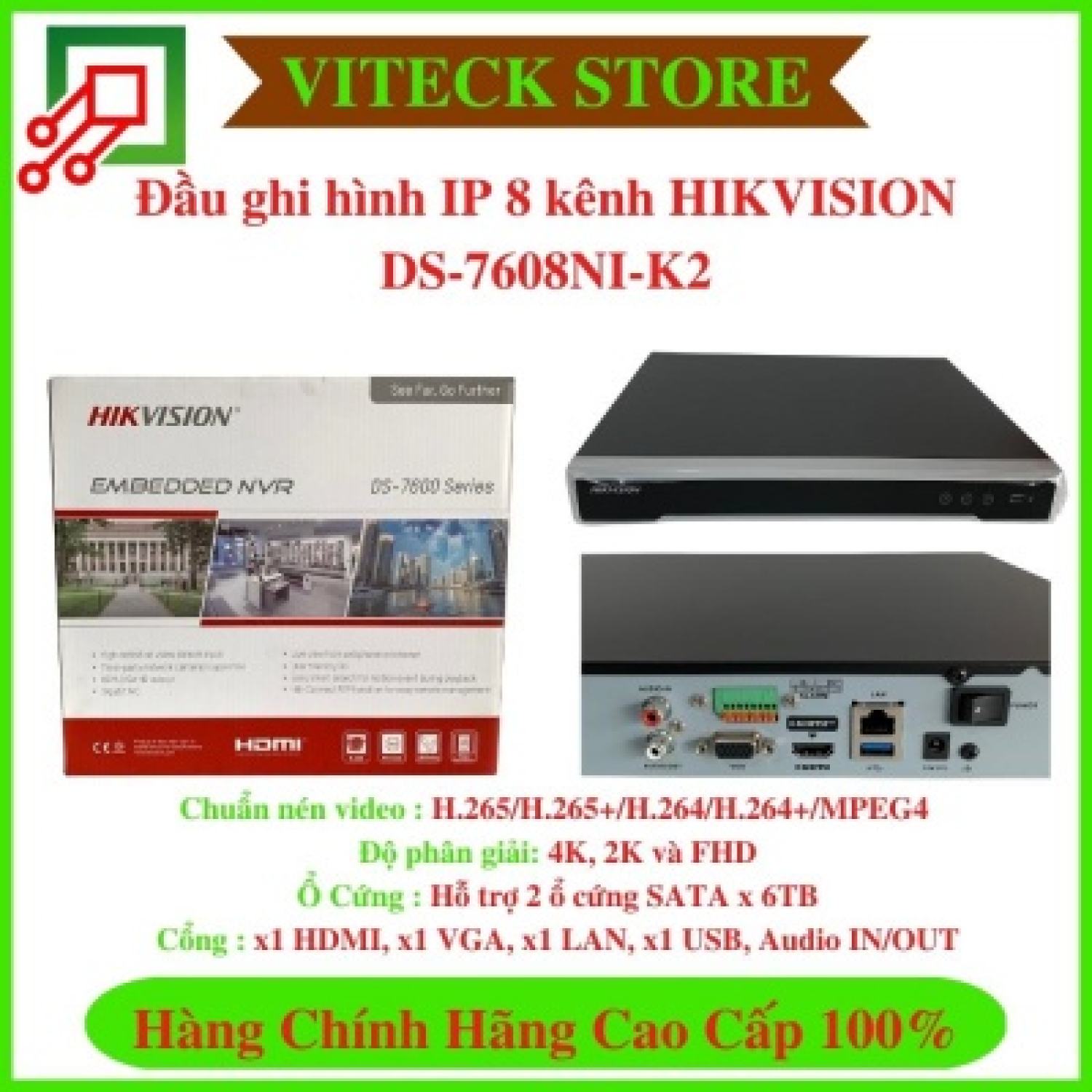 Đầu ghi hình Camera IP 8 Kênh HIKVISION DS-7608NI-K2 - Ultra HD 4K 8MP