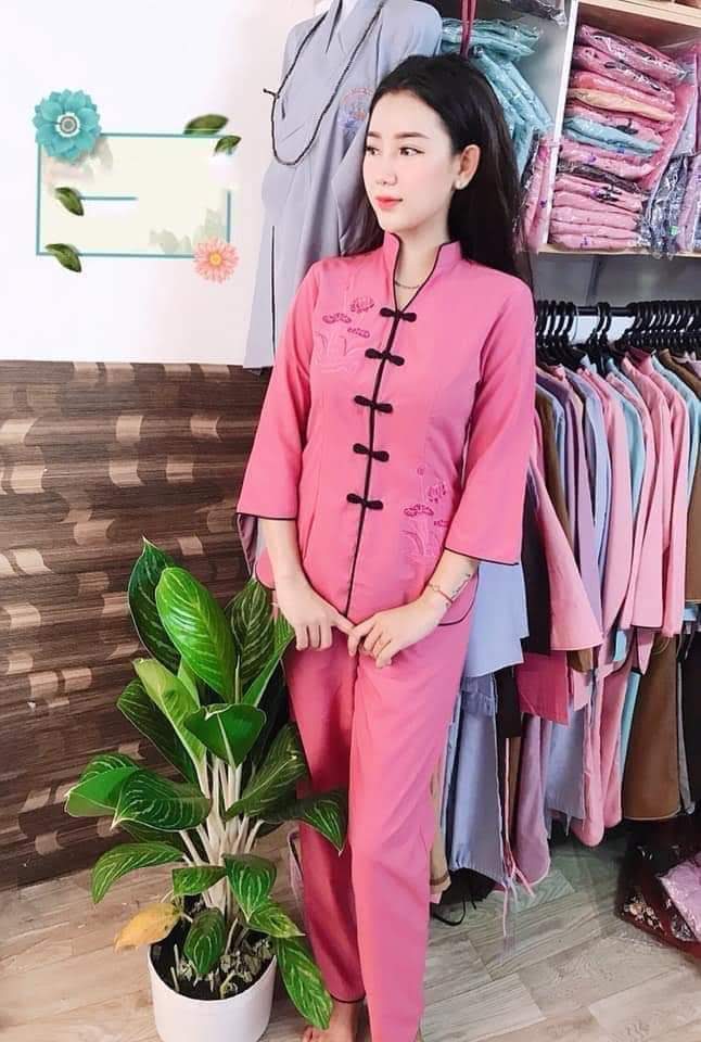 Đồ lam đi chùa nữ, đồ phật tử, áo lam đi chùa mẫu tàu viền