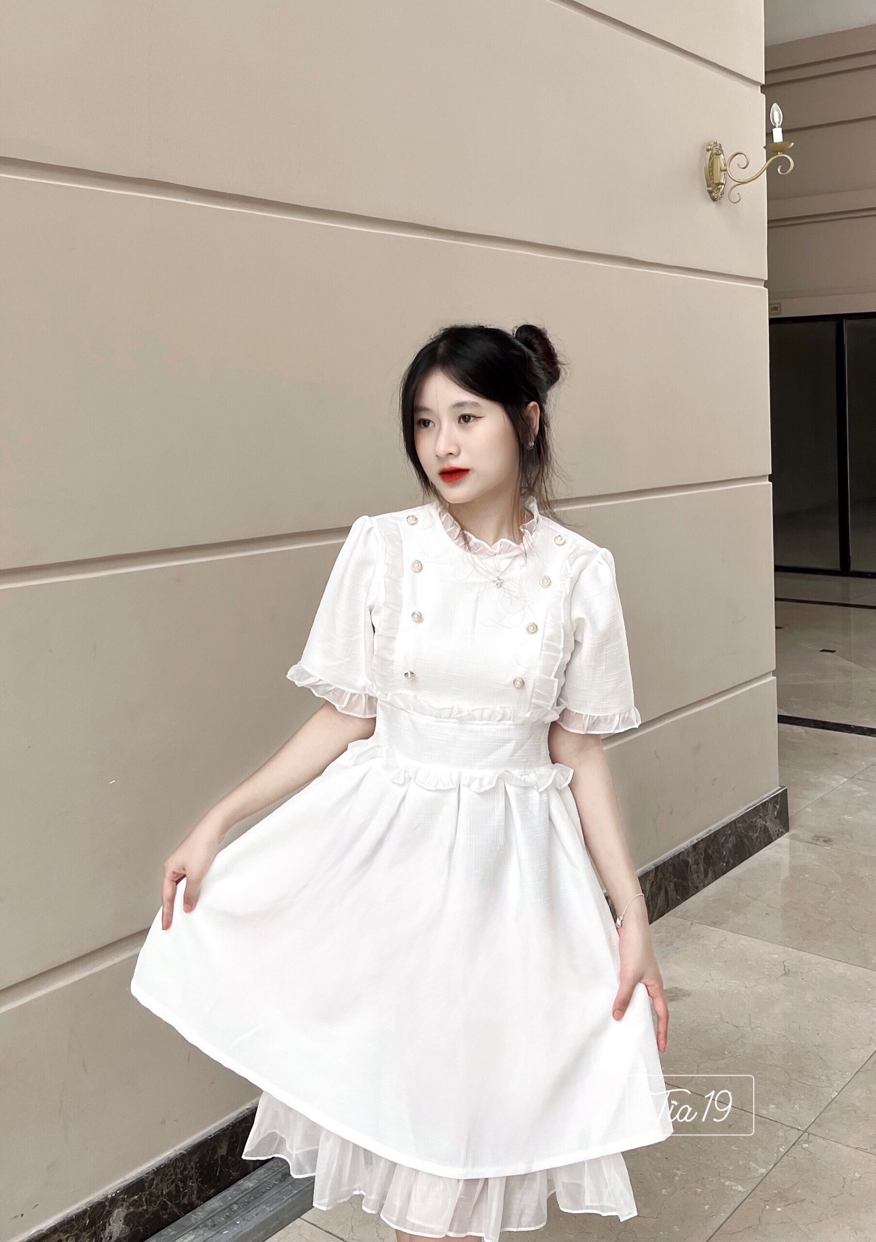 Váy dạ khuy pha voan Tia19. Đầm dạ cộc tay