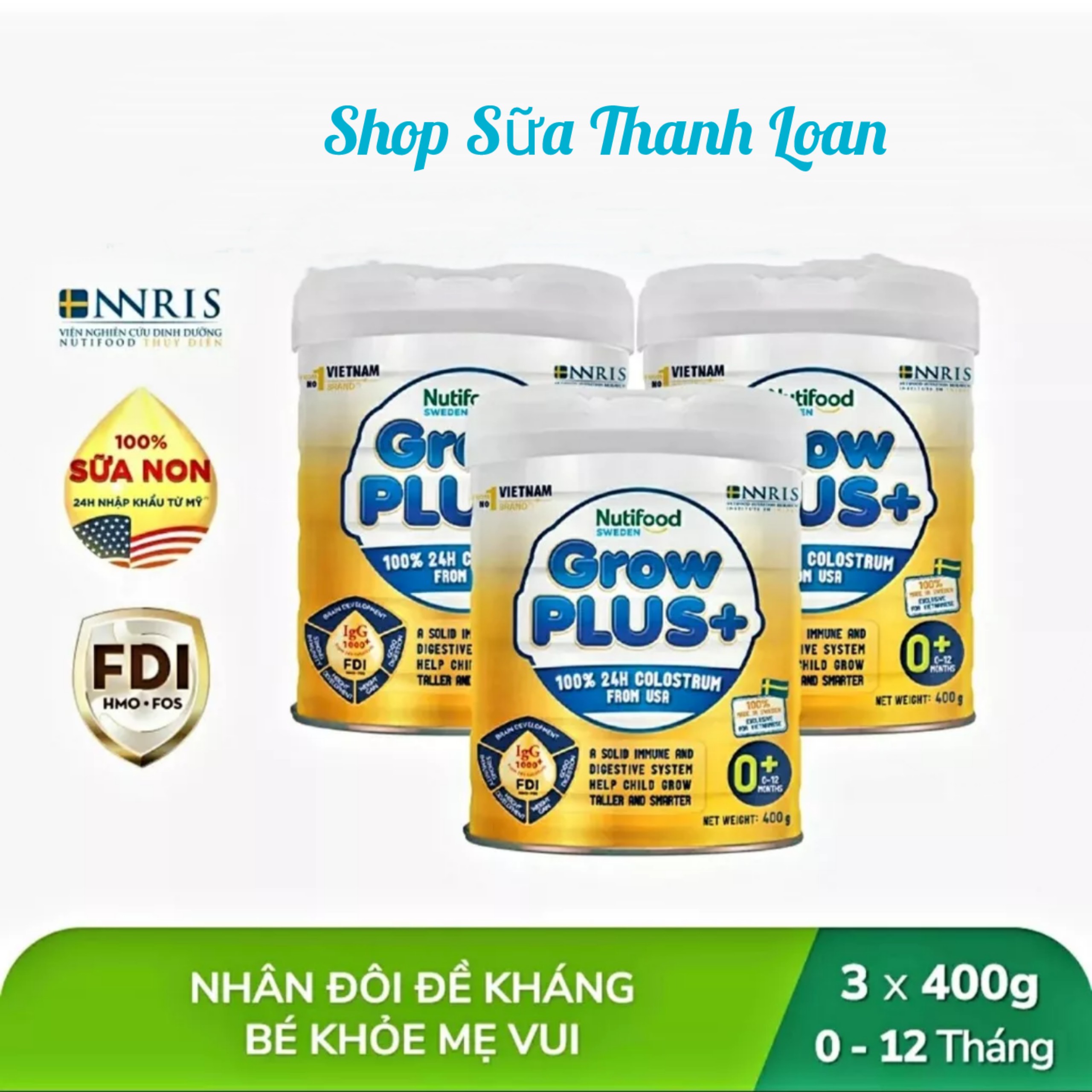 Combo 3 lon sữa bột vàng nutifood growplus 0+ 400g .