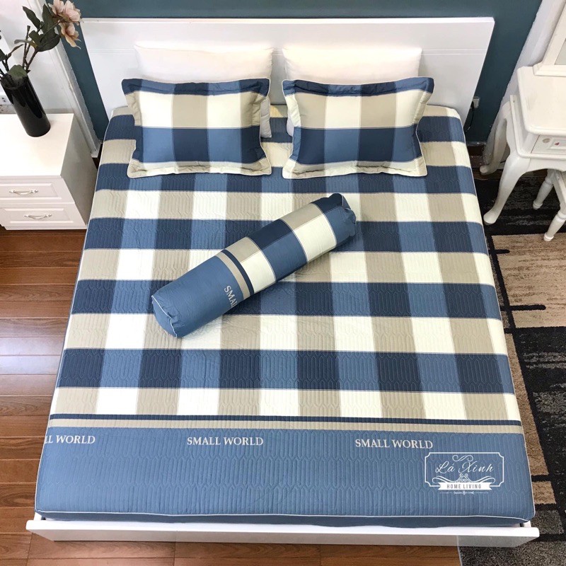 Sét ga gối chun trần cotton 100% kẻ xanh