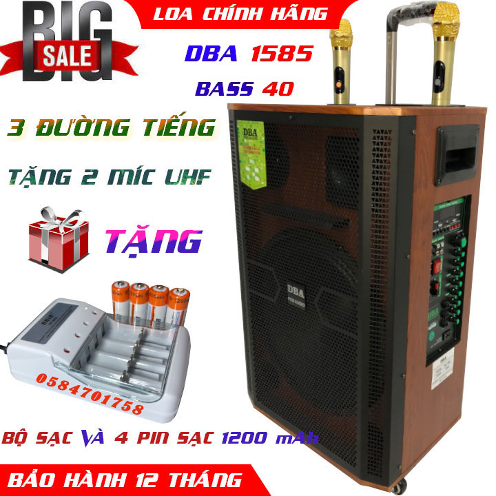 Loa kéo cao cấp dba 1585 bass 40 ba đường tiếng âm thanh siêu chất, kèm 2 míc kim loại uhf chống hú xịn