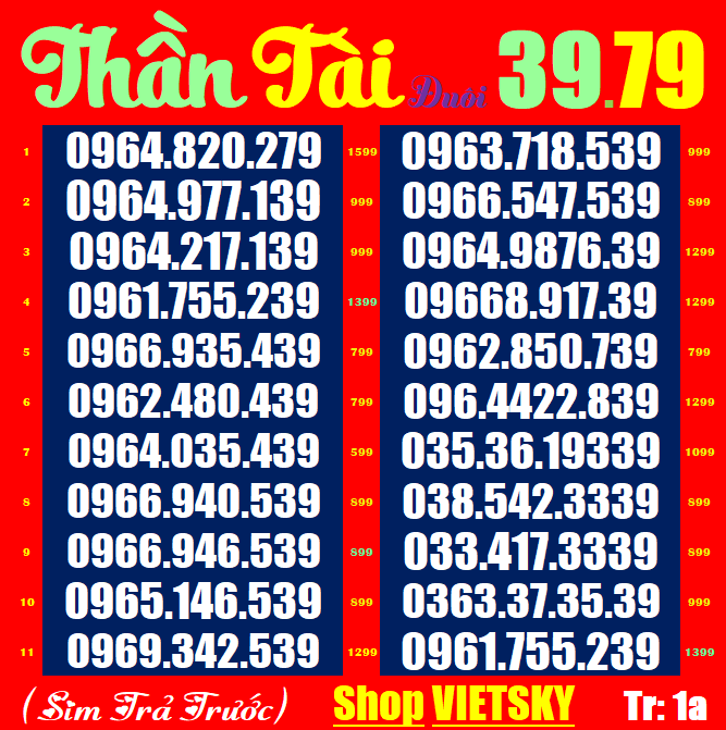 Sim viettel đuôi 39,79 list 1,2,3,8,9,33 34.35, sim nguyên kít chưa kích hoạt, sim viettel phủ sóng toàn quốc | vietsky