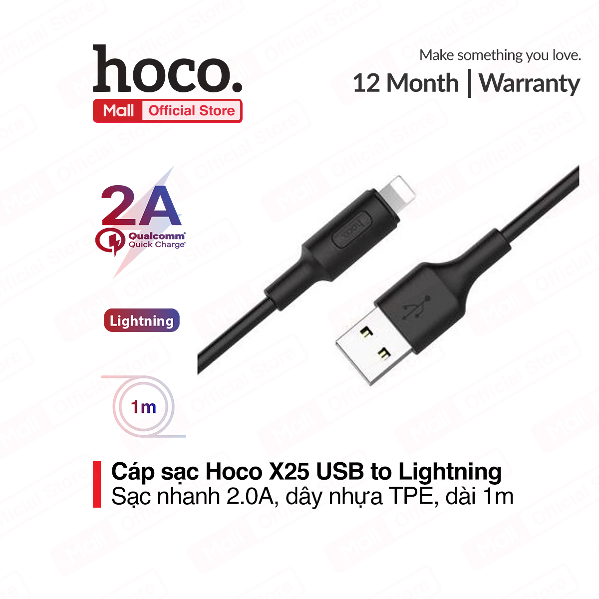 Cáp sạc nhanh Hoco Lightning cho iPhone/iPad dài 100cm chất liệu TPE an toàn chống gẫy gậpsạc nhanh 2A Max