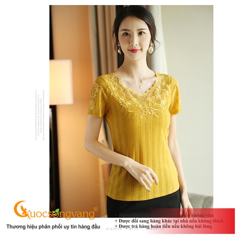 Áo thun nữ kiểu màu vàng áo thun thêu đính đá GLA263 Cuocsongvang