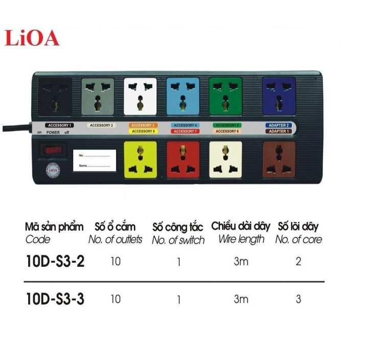 Ổ cắm kéo dài đa năng super LiOA 10D-S3-2 (3m x 10 ổ cắm x 2 lõi dây)