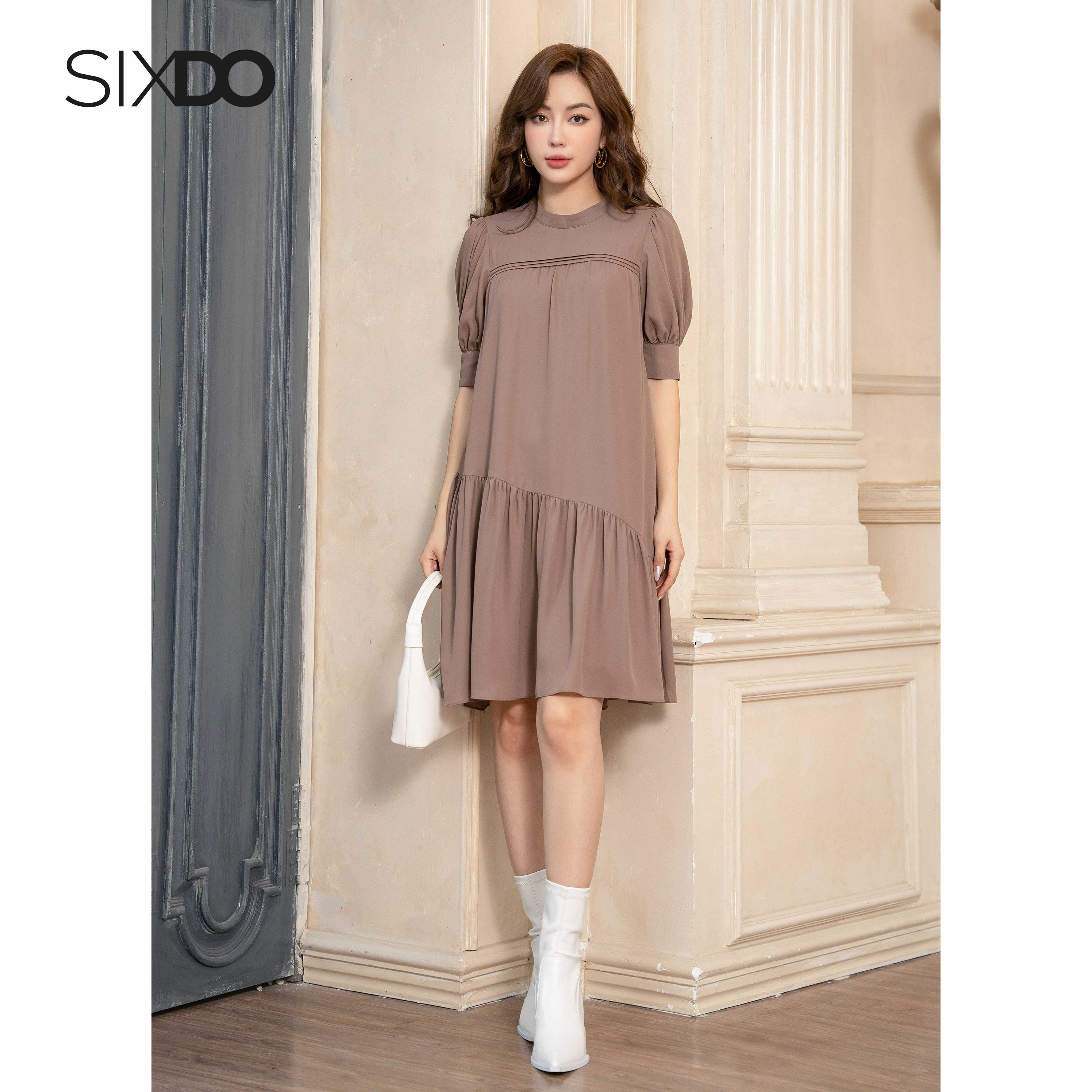 Đầm suông chiffon cổ tròn SIXDO (Grayish Brown Midi Chiffon Dress)