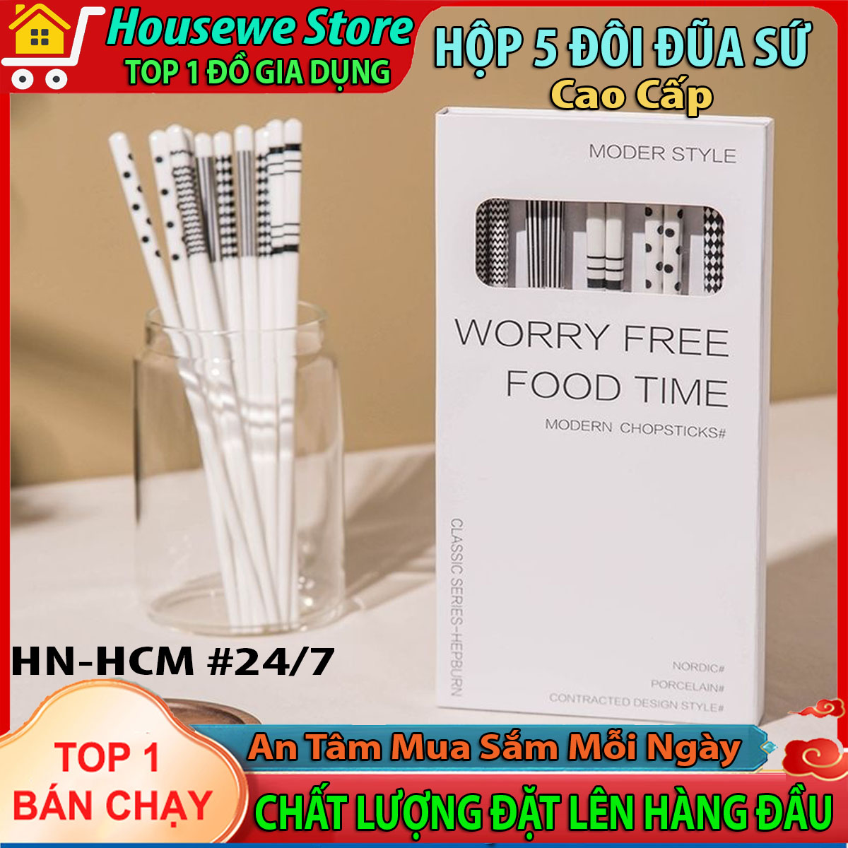 Hộp 5 đôi đũa sứ cao cấp, Đũa gốm sứ Nhật Bản cao cấp, Đũa gốm sứ Ceramic phong cách Nhật Bản cao cấp