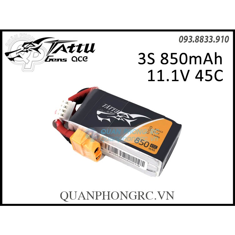 Pin Tattu 850mAh 3S 45C 11.1V LiPo Battery XT30 Plug