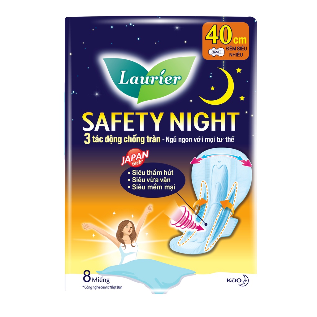 HCMBăng Vệ Sinh Ban Đêm Laurier Safety Night chống tràn 40cm-8M Nhập Khẩu