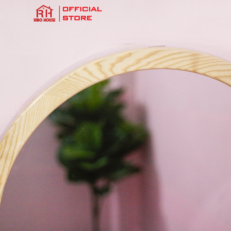 Gương soi treo tường gỗ Sồi Cao Cấp RIBO HOUSE size D50 gương tròn có dây treo RIBO106