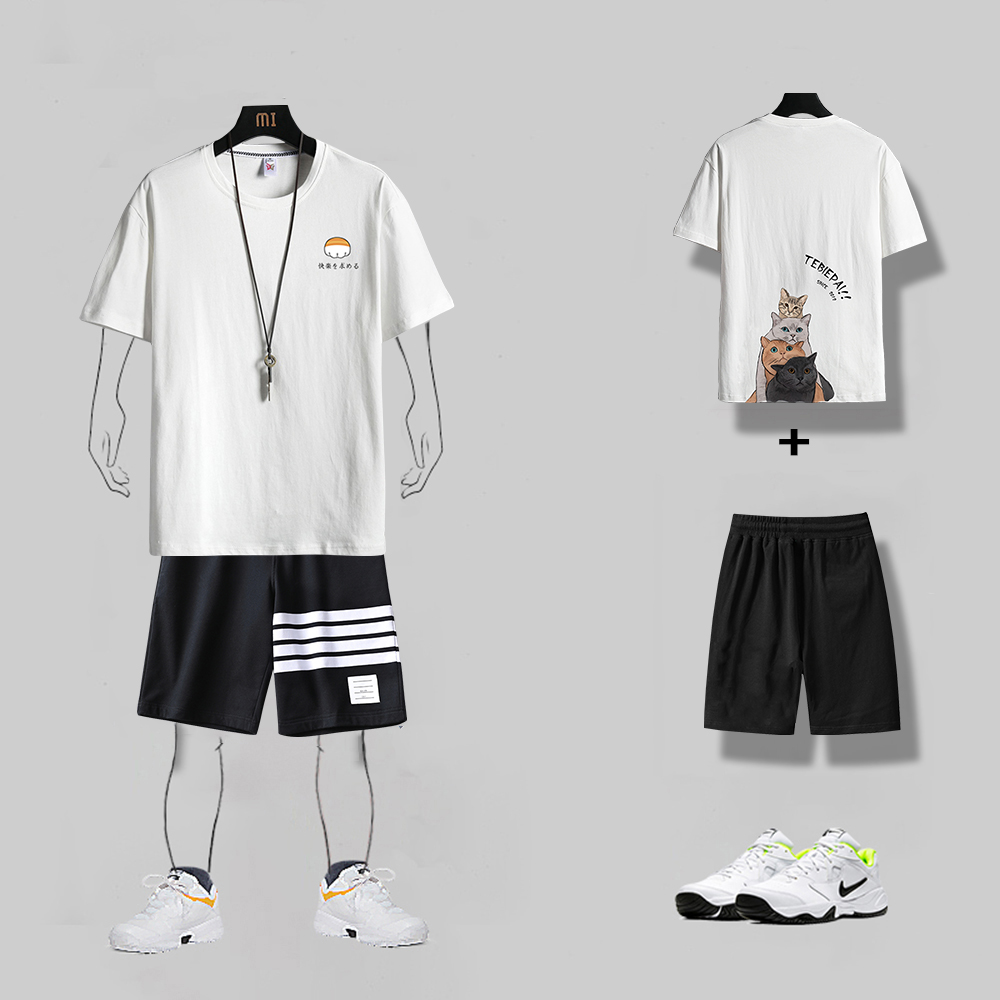 Bộ Quần Áo Thun Nam Áo Thun Cộc Tay In Họa Tiết Mèo Phối Quần Short Kẻ Sọc Thể Thao Dáng Basic Thời Trang FORHIMCS2 SET GHÉP TOP 160 + SHORT 16
