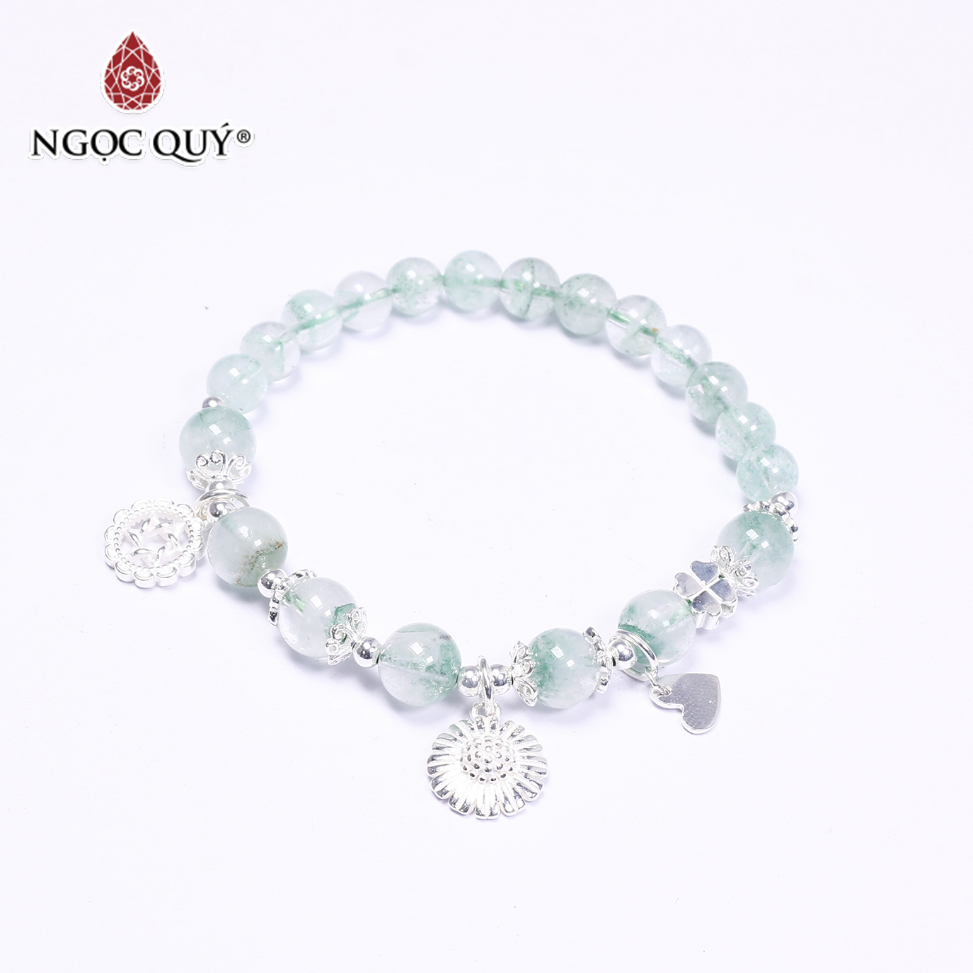 [HCM]Vòng tay đá thạch anh ưu linh xanh phối charm hoa cúc 6mm Mệnh Mộc Hoả 13mm - Ngọc Quý Gemstones